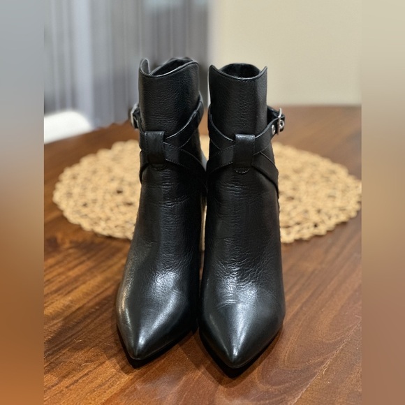 Paige Camille Pointed Toe Black Leather Buckle Straps Boots - Picture 3 of 9